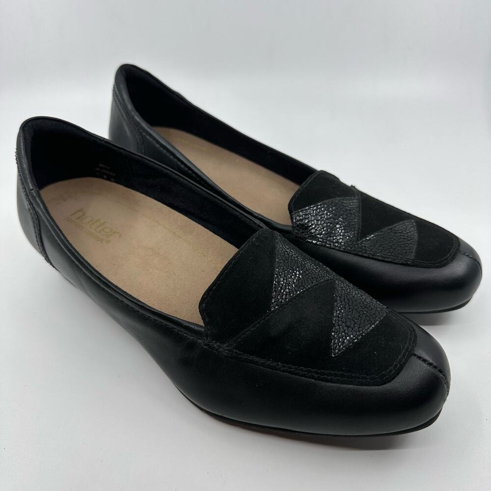 Hotter Milly Black Dress Shoes Women's Formal Flat 9 Black Suede & Print Leather